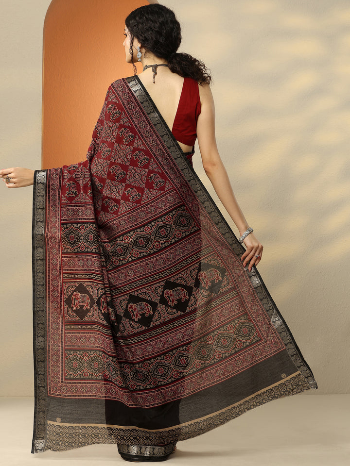 Red Printed Silk Blend Saree With Unstitched Blouse Piece