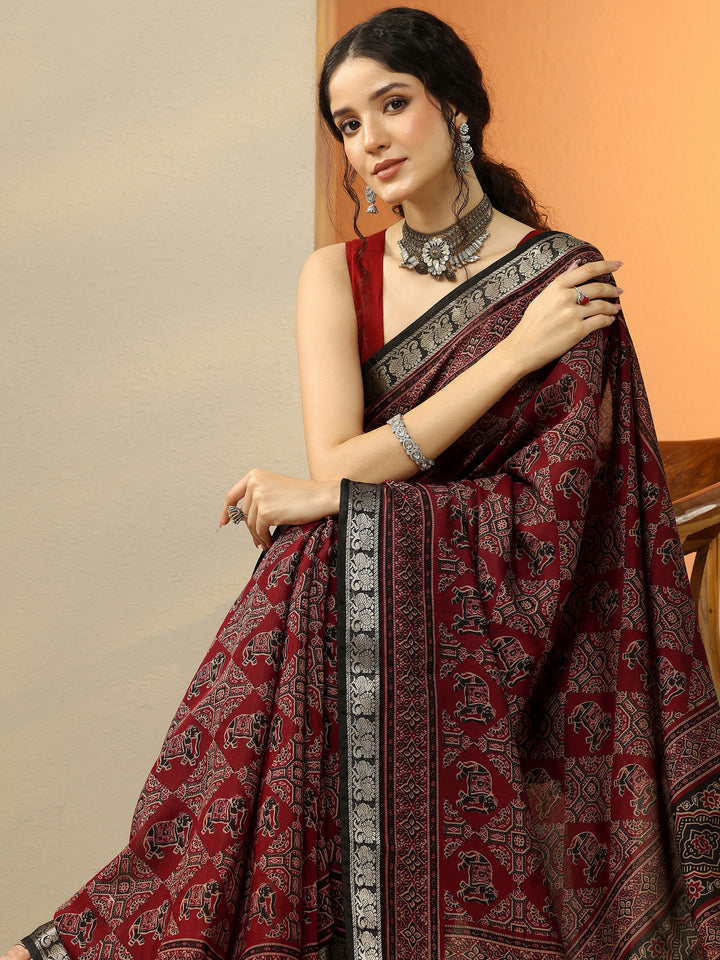 Red Printed Silk Blend Saree With Unstitched Blouse Piece