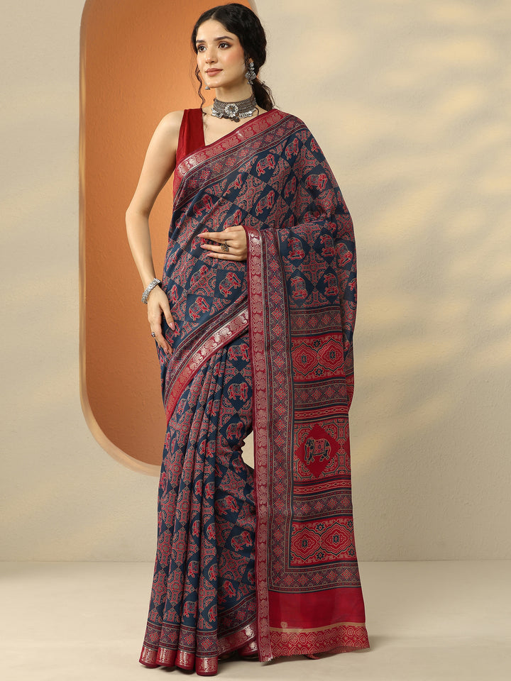Navy Blue Printed Silk Blend Saree With Unstitched Blouse Piece