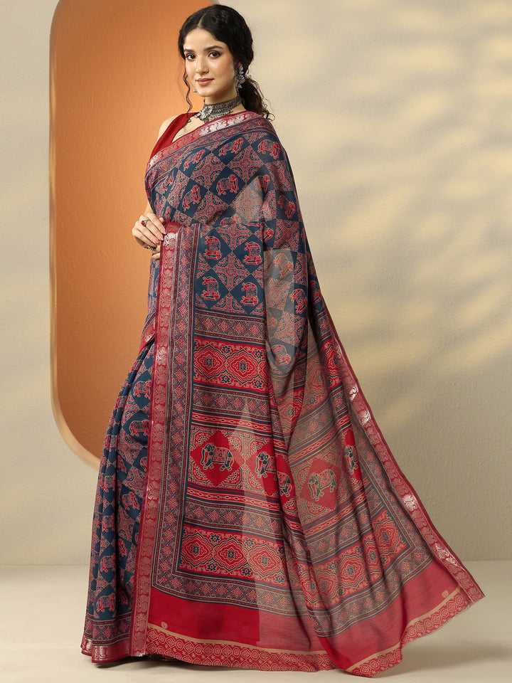 Navy Blue Printed Silk Blend Saree With Unstitched Blouse Piece