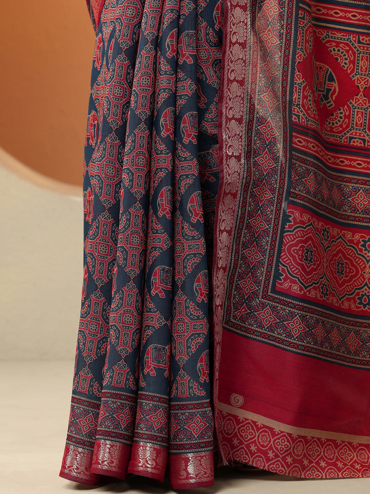 Navy Blue Printed Silk Blend Saree With Unstitched Blouse Piece