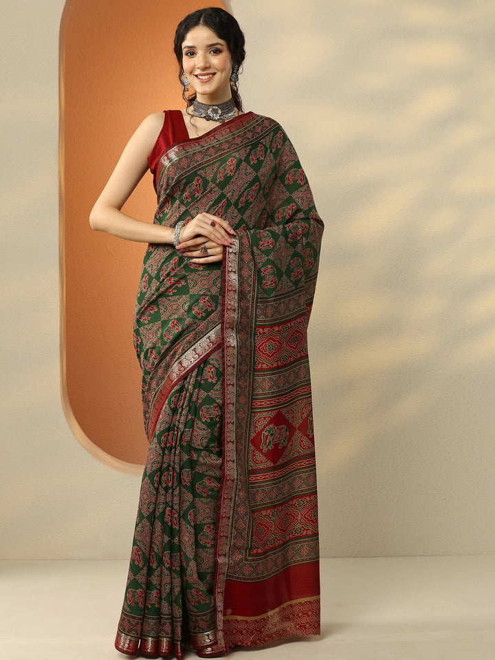 Green Printed Silk Blend Saree With Unstitched Blouse Piece