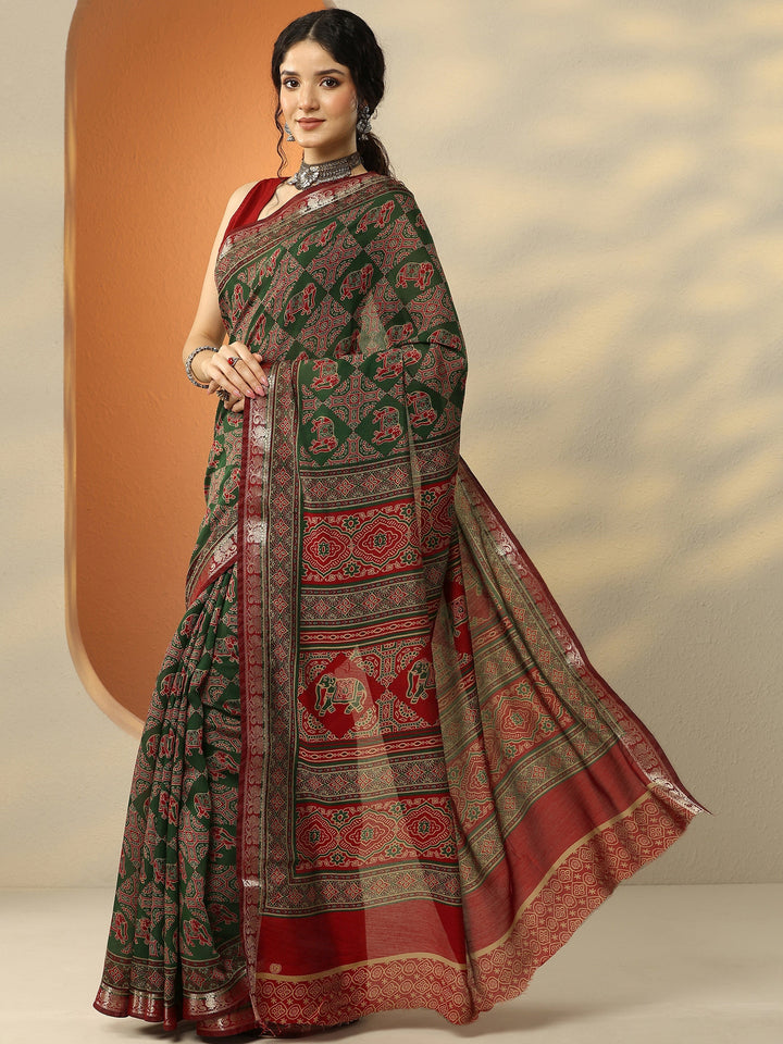 Green Printed Silk Blend Saree With Unstitched Blouse Piece