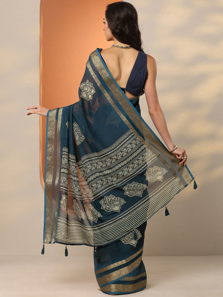 Navy Blue Printed Silk Blend Saree With Unstitched Blouse Piece