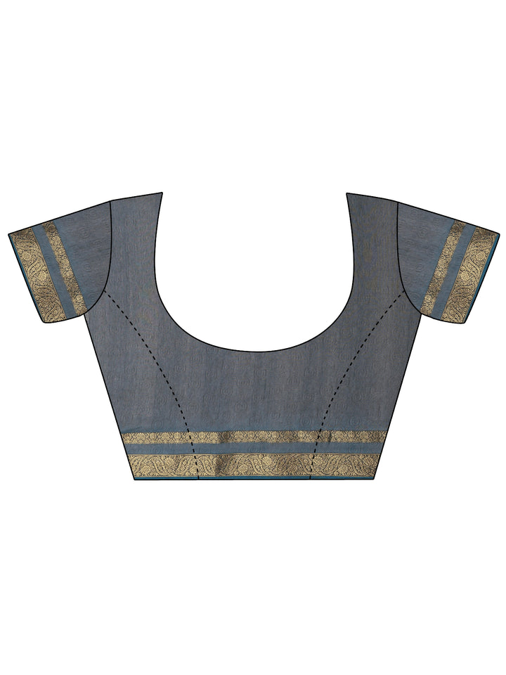 Navy Blue Printed Silk Blend Saree With Unstitched Blouse Piece