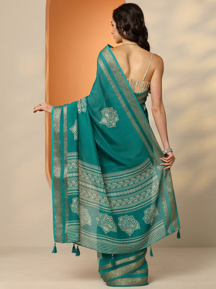 Green Printed Silk Blend Saree With Unstitched Blouse Piece