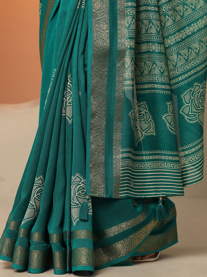Green Printed Silk Blend Saree With Unstitched Blouse Piece