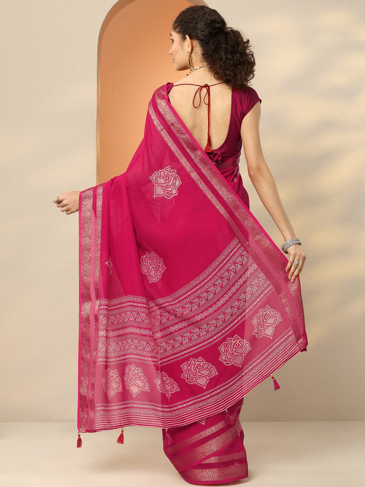 Pink Printed Silk Blend Saree With Unstitched Blouse Piece