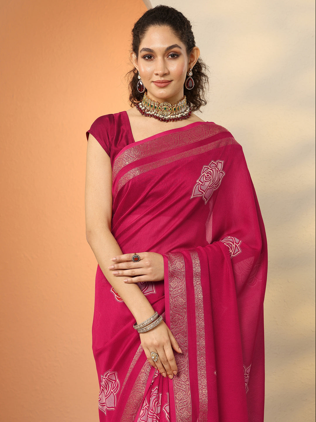 Pink Printed Silk Blend Saree With Unstitched Blouse Piece
