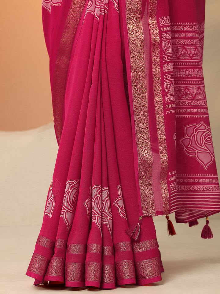 Pink Printed Silk Blend Saree With Unstitched Blouse Piece