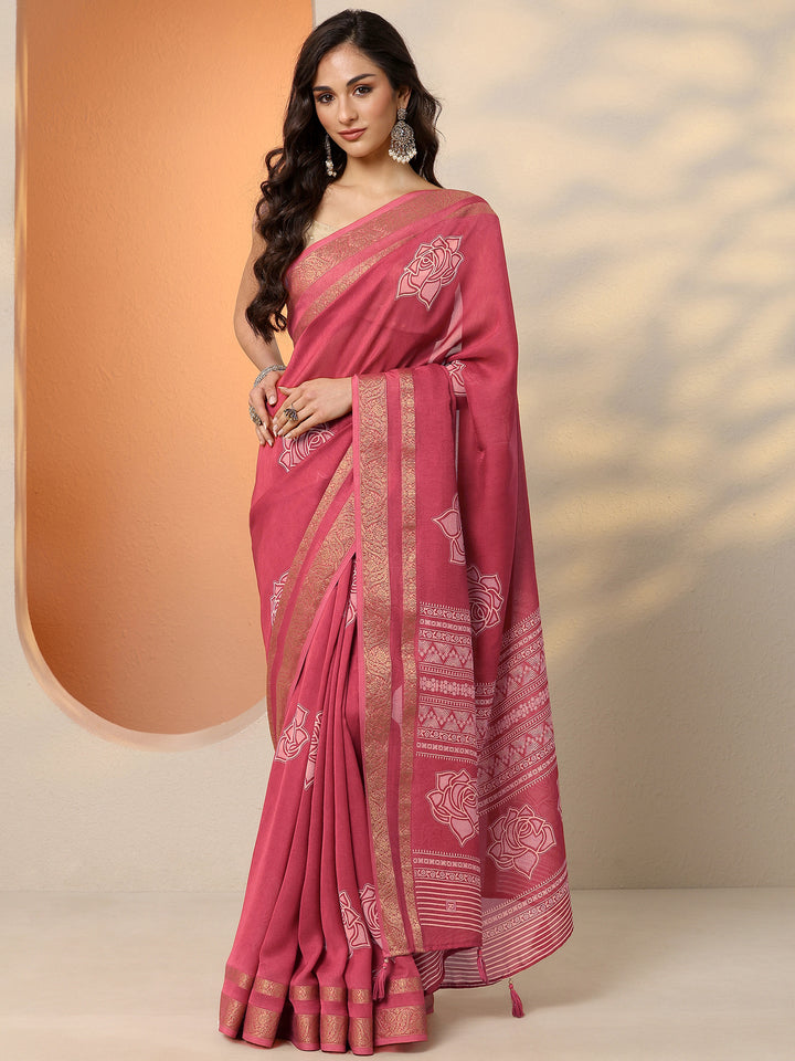 Pink Printed Silk Blend Saree With Unstitched Blouse Piece