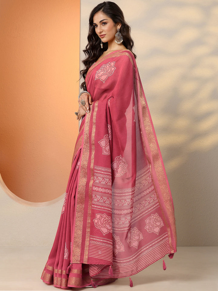 Pink Printed Silk Blend Saree With Unstitched Blouse Piece