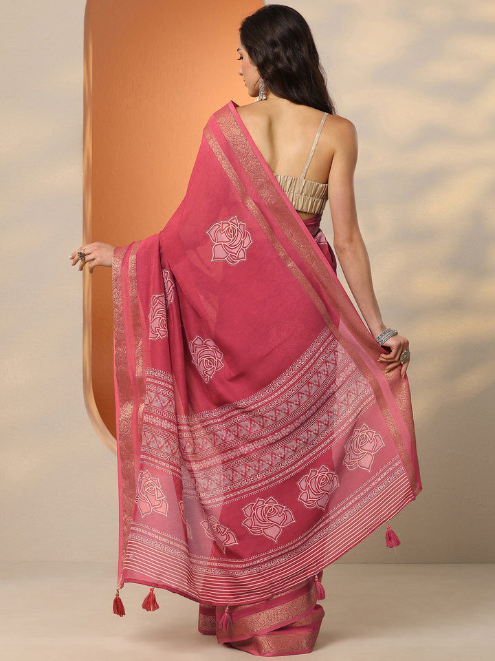 Pink Printed Silk Blend Saree With Unstitched Blouse Piece