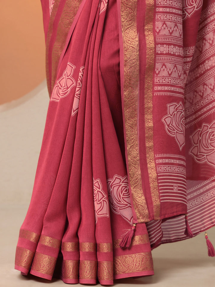 Pink Printed Silk Blend Saree With Unstitched Blouse Piece