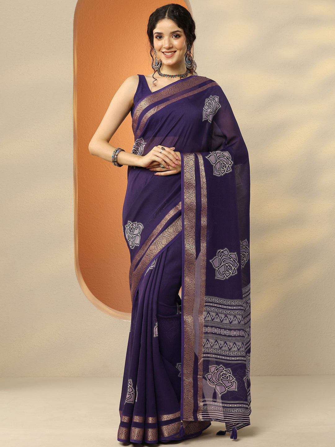 Purple Printed Silk Blend Saree With Unstitched Blouse Piece
