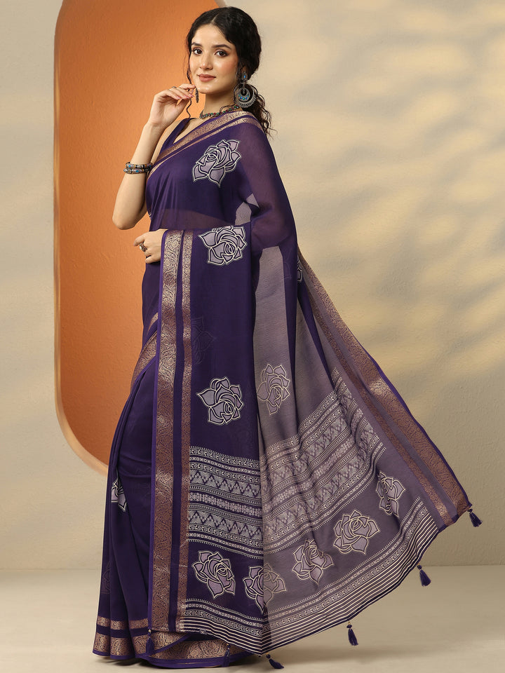 Purple Printed Silk Blend Saree With Unstitched Blouse Piece