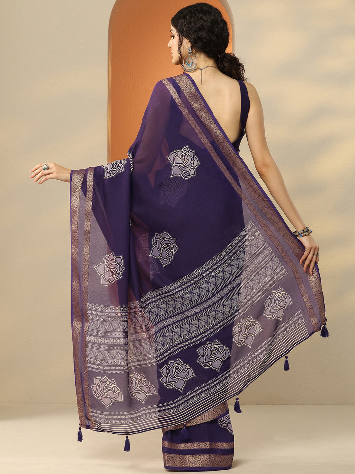 Purple Printed Silk Blend Saree With Unstitched Blouse Piece