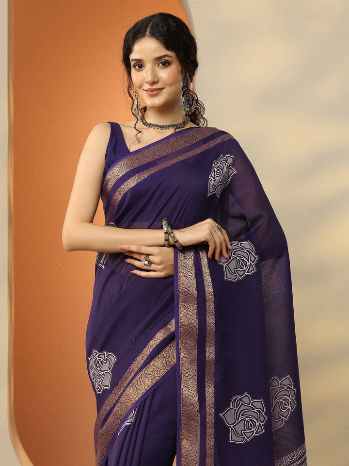 Purple Printed Silk Blend Saree With Unstitched Blouse Piece