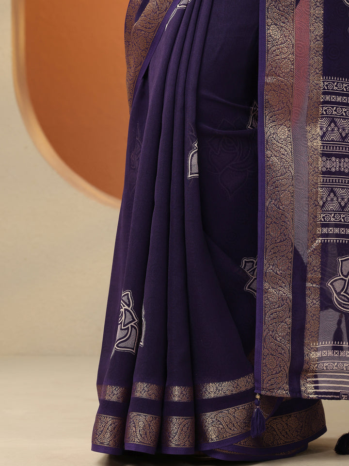Purple Printed Silk Blend Saree With Unstitched Blouse Piece