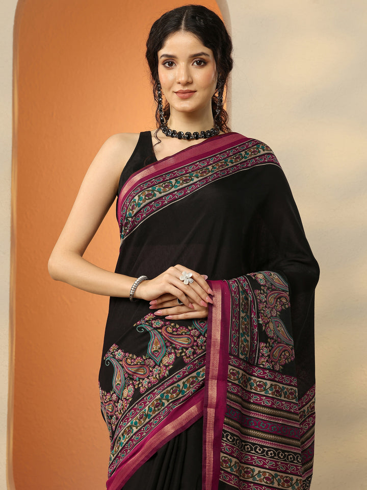 Black Paisley Printed Silk Blend Saree With Unstitched Blouse Piece