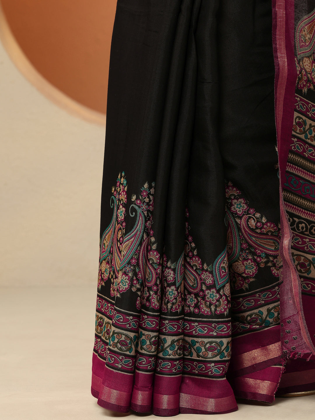 Black Paisley Printed Silk Blend Saree With Unstitched Blouse Piece