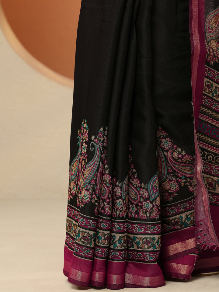 Black Paisley Printed Silk Blend Saree With Unstitched Blouse Piece