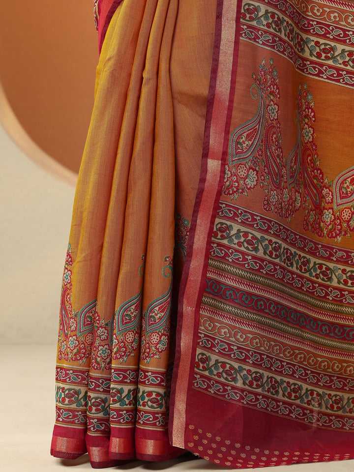 Mustard Paisley Printed Silk Blend Saree With Unstitched Blouse Piece