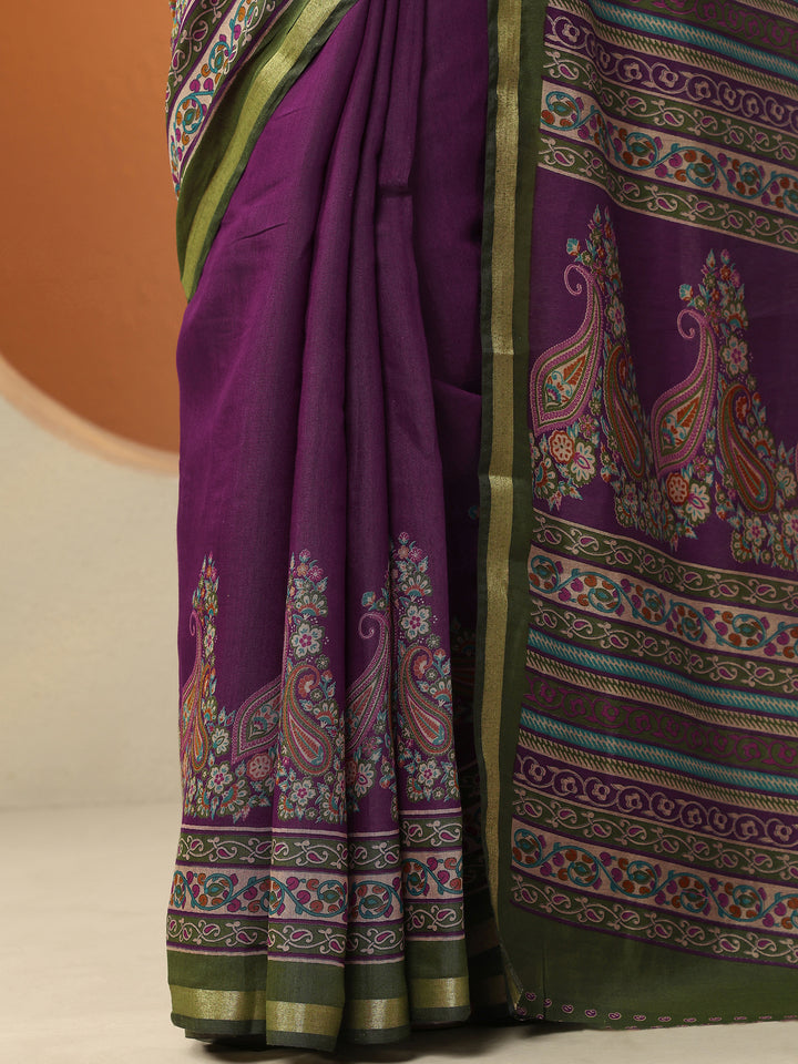 Burgundy Paisley Printed Silk Blend Saree With Unstitched Blouse Piece