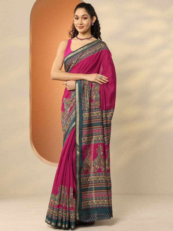 Pink Paisley Printed Silk Blend Saree With Unstitched Blouse Piece