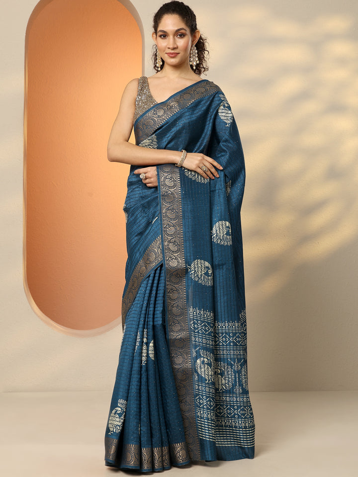 Blue Embellished Silk Blend Saree With Unstitched Blouse Piece