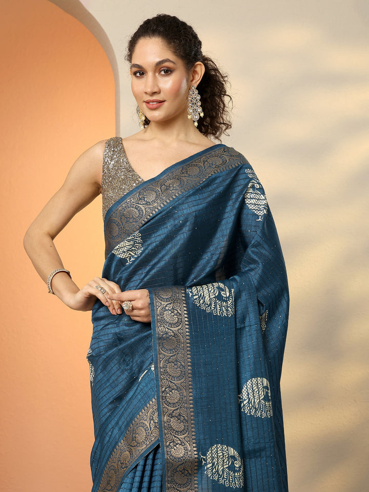 Blue Embellished Silk Blend Saree With Unstitched Blouse Piece