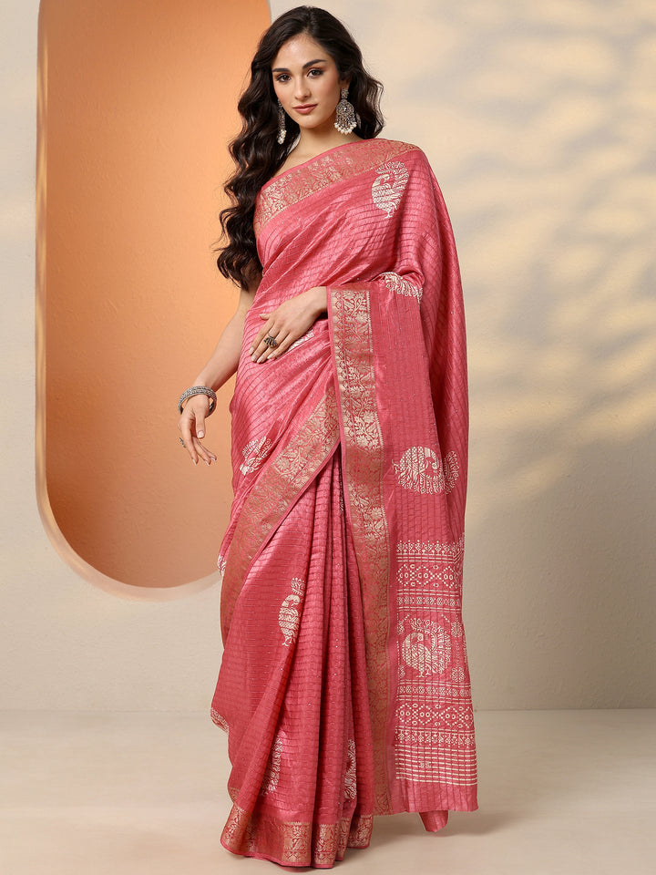 Pink Embellished Silk Blend Saree With Unstitched Blouse Piece