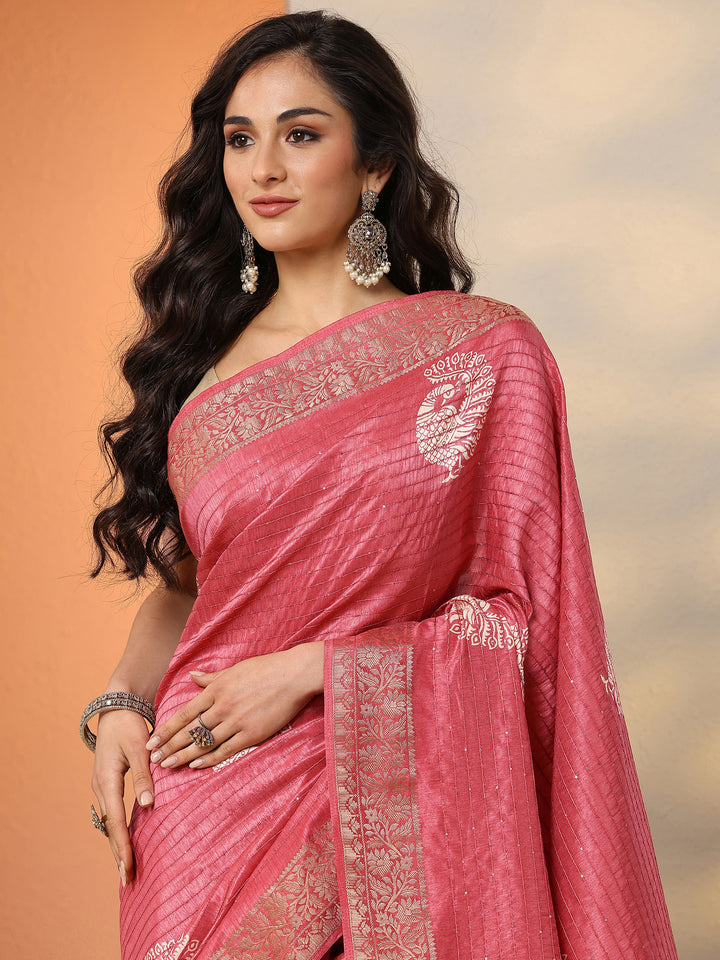 Pink Embellished Silk Blend Saree With Unstitched Blouse Piece