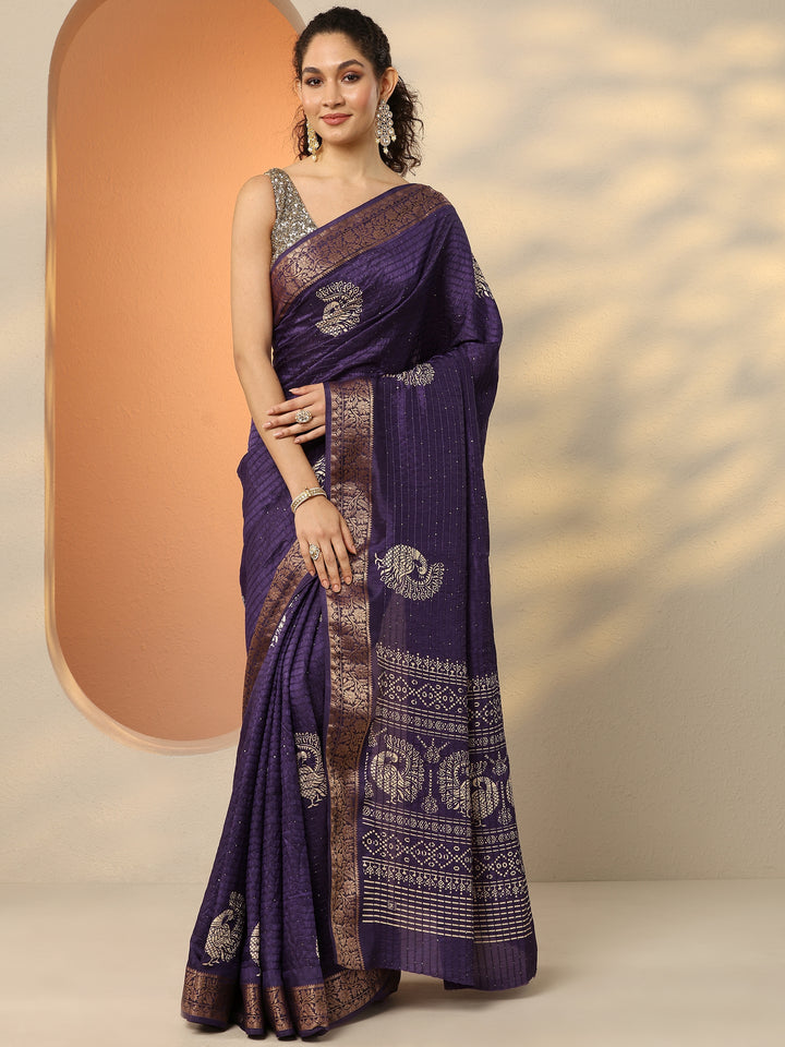 Purple Embellished Silk Blend Saree With Unstitched Blouse Piece