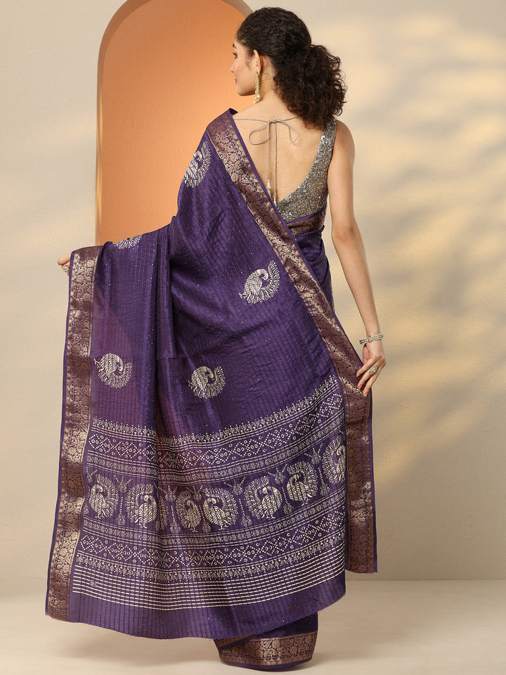 Purple Embellished Silk Blend Saree With Unstitched Blouse Piece