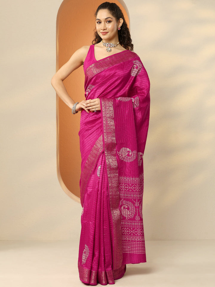 Pink Embellished Silk Blend Sarees With Unstitched Blouse Piece