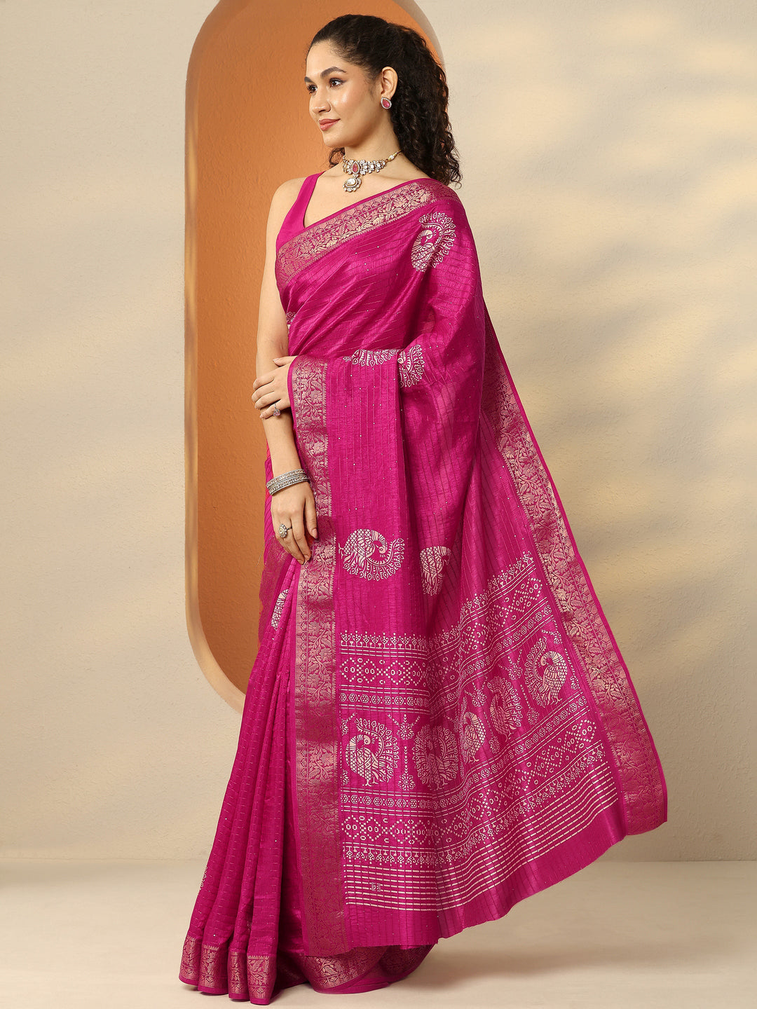 Pink Embellished Silk Blend Sarees With Unstitched Blouse Piece