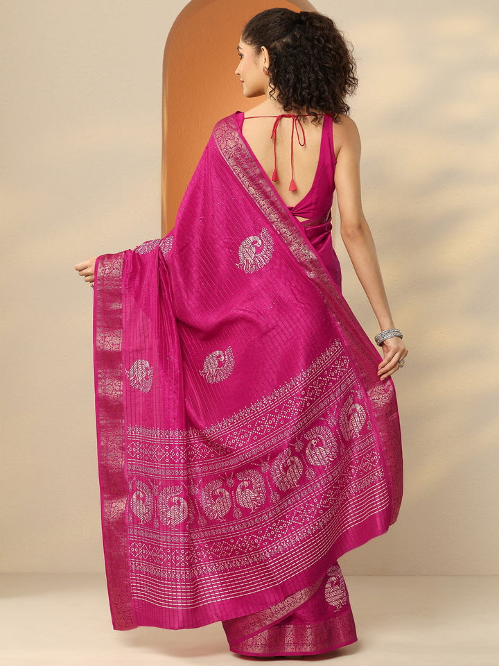 Pink Embellished Silk Blend Sarees With Unstitched Blouse Piece