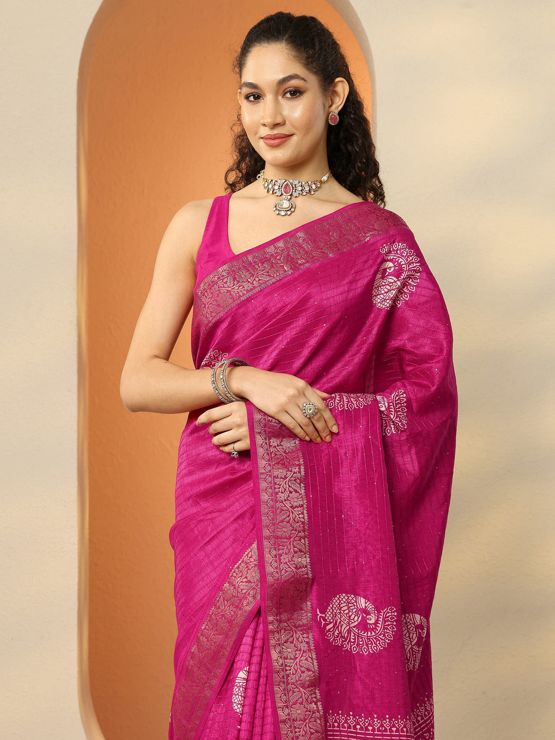 Pink Embellished Silk Blend Sarees With Unstitched Blouse Piece