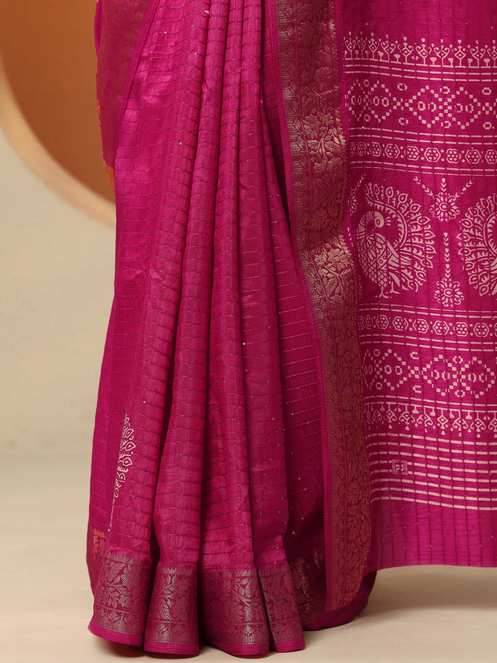 Pink Embellished Silk Blend Sarees With Unstitched Blouse Piece