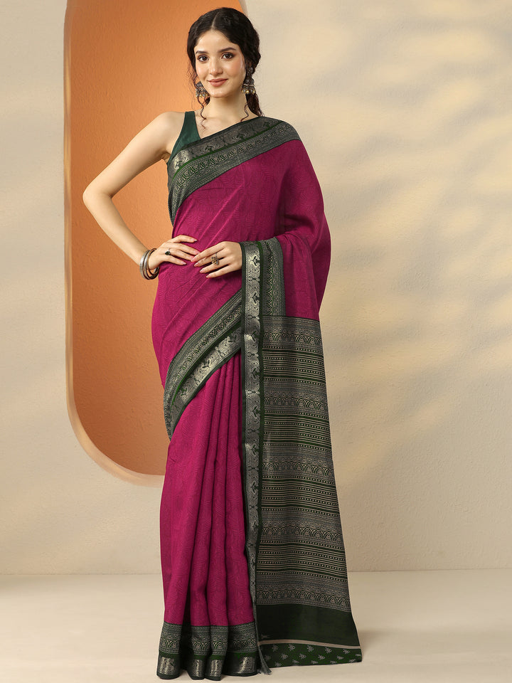 Pink Printed Silk Blend Saree With Unstitched Blouse Piece