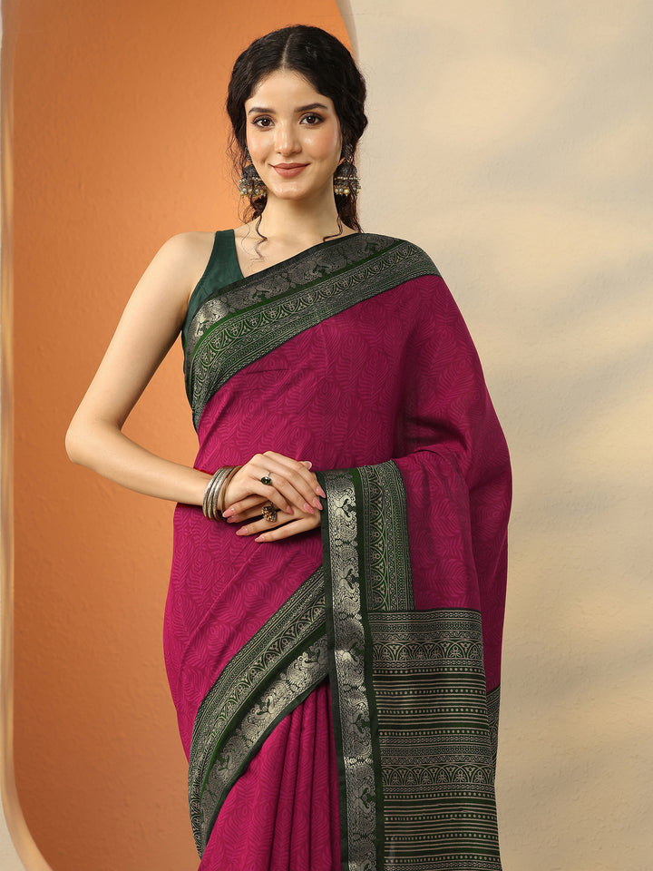 Pink Printed Silk Blend Saree With Unstitched Blouse Piece