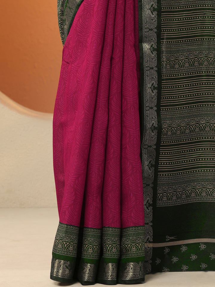 Pink Printed Silk Blend Saree With Unstitched Blouse Piece