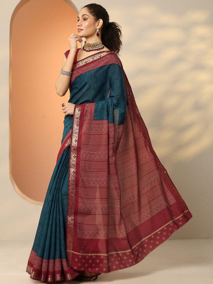 Blue Printed Silk Blend Saree With Unstitched Blouse Piece