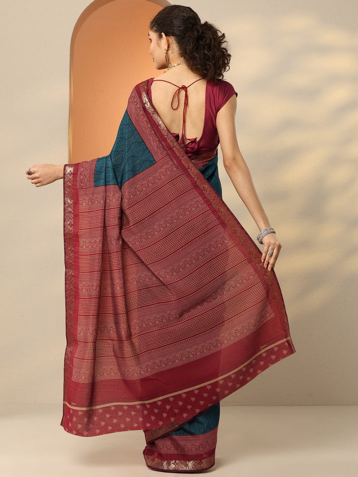 Blue Printed Silk Blend Saree With Unstitched Blouse Piece