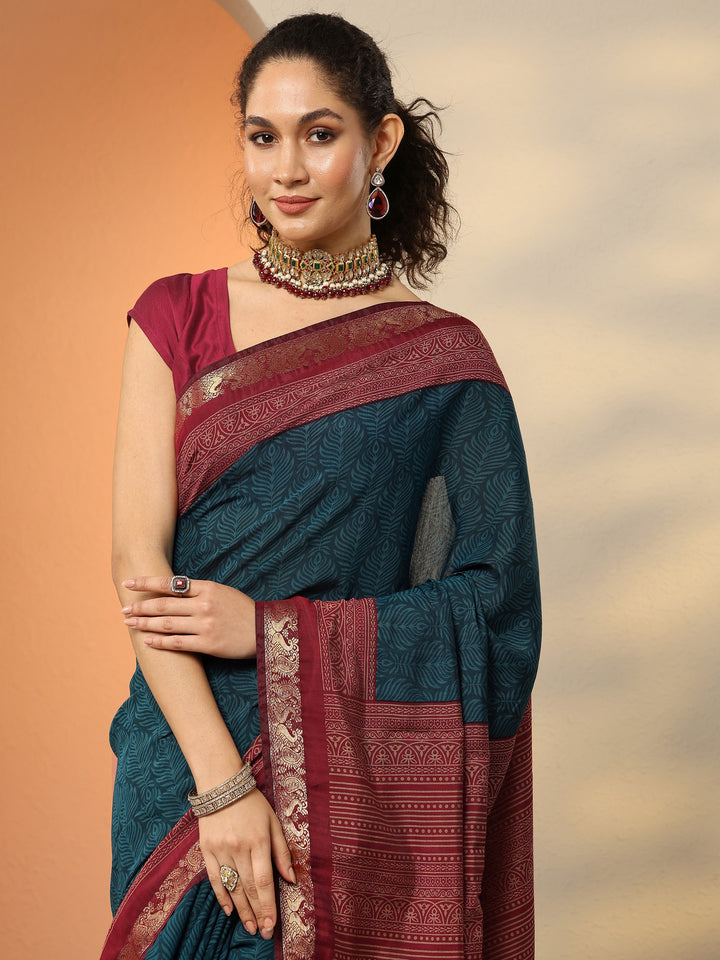 Blue Printed Silk Blend Saree With Unstitched Blouse Piece