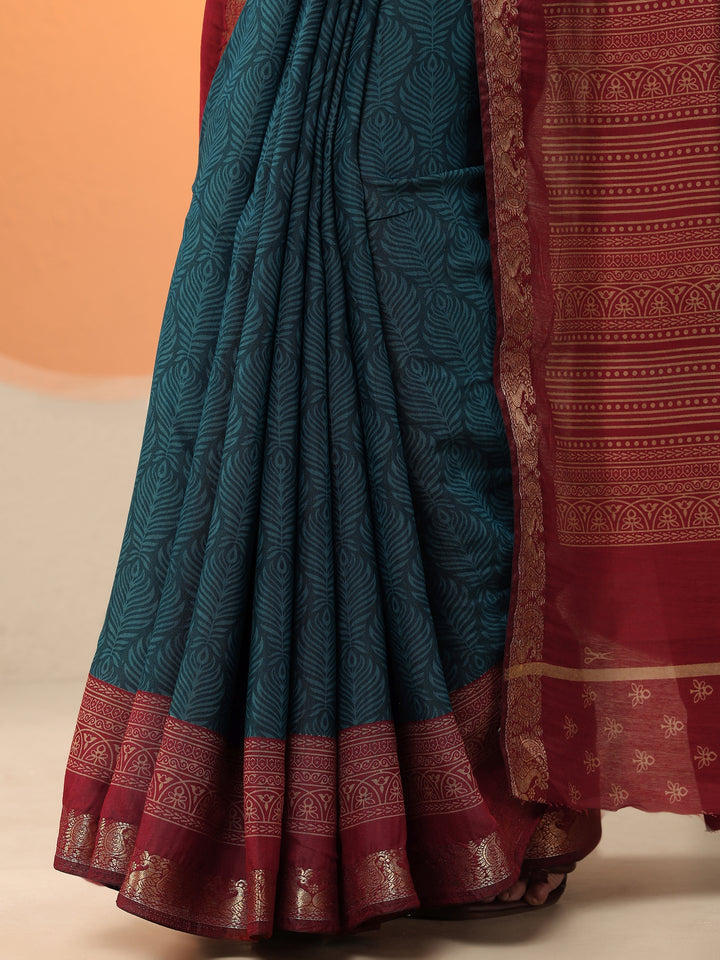 Blue Printed Silk Blend Saree With Unstitched Blouse Piece
