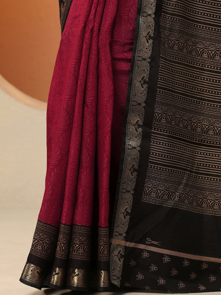 Red Printed Silk Blend Saree With Unstitched Blouse Piece