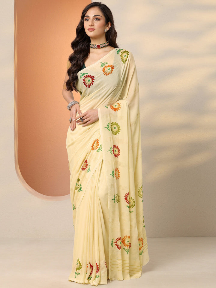 Beige Printed Georgette Saree With Unstitched Blouse Piece