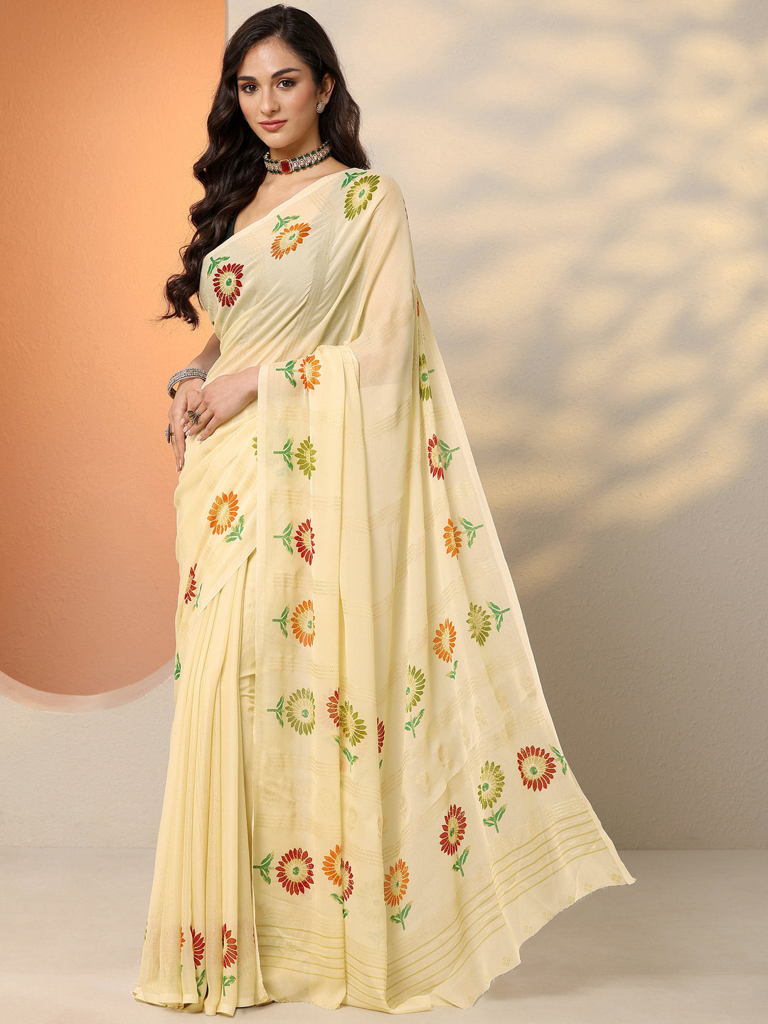 Beige Printed Georgette Saree With Unstitched Blouse Piece
